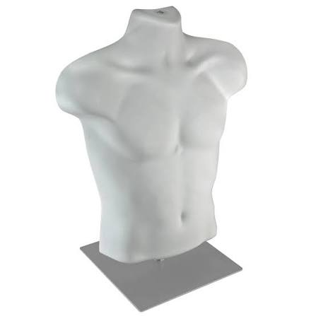 Male White Plastic Bust, Torso Mannequin, on 12" Square Silver Metal Base  for Counter