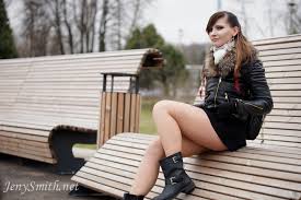 Jeny Smith, model, brunette, women, on bench, public, jacket, black  jackets, fur, zipper, black boots, outdoors 