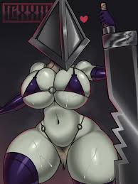 igxxiii, pyramid head, silent hill, clothes, highres, 1girl, bare  shoulders, bikini, bikini top only, boots, breasts, colored skin, cowboy  shot, genderswap, genderswap (mtf), gradient background, grey background,  heart, huge breasts, large breasts,