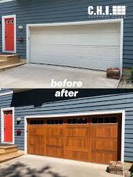 Before After Garage Door Transformation Stamped Shaker In Faux Woodtone Garage Doors Overhead Door Garage Transformation