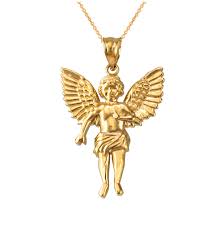 14k gold guardian angel pendant. Yellow Gold Cherub Guardian Angel Pendant Necklace L