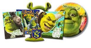 Image shows shrek with his friends donkey and puss in boots! Shrek Happy Birthday Banner Party Supplies Decorations