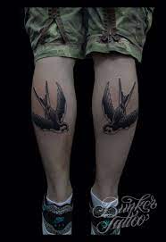Swallows On Calfs Calf Tattoo Calf Tattoo Men Leg Tattoos