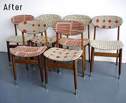 Solid wood legs, a cushioned seat, and a clever open back can keep the conversation rolling all night. Before After An Old Dining Set Turned Retro Modern Retro Furniture Reupholster Chair Dining Furniture Makeover
