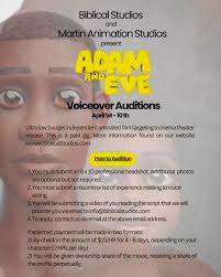 Auditions coming up for the cast of the movie "Adam and Eve". MANY  CHARACTERS TO CAST (ages 4-85) www.biblicalstudios.com