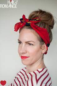 Bring both ends of the scarf up and tie in a double knot, situating the knot on the crown of the head. 5 Ways To Wear A Scarf And A Top Knot 4 Retro Bow Headband Hair Romance