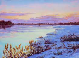 12 x 16 inches this small original cloud painting has soft pastel colors in a sunset sky. Oil Painting Original Art Winter Landscape Painting Of Saint Laurent River Sunset Painting Original Art Prints By Karolina Szablewska Artkarolina