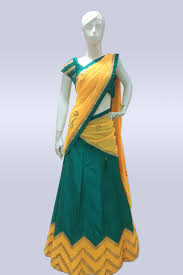 Here's an example of combining analogous muted colors: Peacock Green Color Chiffon Dhavani Set