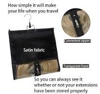 RJMBMUP Satin Hair Extension Storage Bag with Hanger - Black | Wig Holder  Case for Travel & Storage