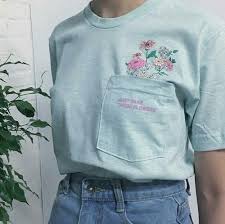Floral Embroidered Light Blue Shirt With Front Pocket Clothes Fashion Aesthetic Clothes
