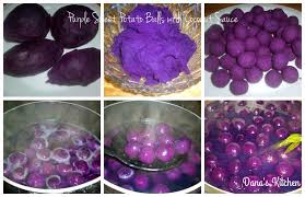 Dana S Kitchen Purple Sweet Potato Balls With Coconut Sauce Kolak Biji Salak Ubi Ungu Purple Sweet Potatoes Stuffed Potato Balls Coconut Sauce