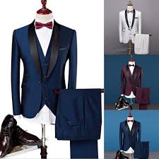 For men suits 2020 along with traditional black, blue, brown and gray hues, bright colors are offered: Three Piece Men Suit 2020 Wedding Suits For Men Shawl Collar 3 Pieces Slim Fit Burgundy Business Formal Suit Mens Royal Blue Tuxedo Jacket Wish