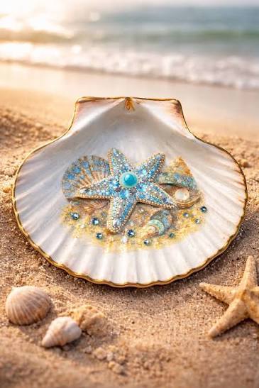 Decorated seashells with pearls and glass stones