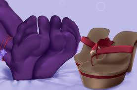 vibncent, raiden shogun, genshin impact, platform footwear, highres, 1girl,  anklet, bed sheet, feet, feet only, foot focus, footprints, head out of  frame, high heels, jewelry, legs together, no shoes, purple thighhighs,  sandals,