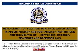 This is good news especially for the teachers who are eyeing the highly covetted administrative positions in both primary and secondary schools since the commission will soon start. 2020 Tsc Jobs Replacement Vacancies For Primary And Secondary Teachers For Sept Dec 2019 Teacher Co Ke