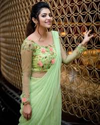 Parrot Green Saree Contrast Blouse Trendy Blouse Designs Netted Blouse Designs Fancy Blouse Designs Silk half saree designs & dressing tips • keep me stylish. parrot green saree contrast blouse