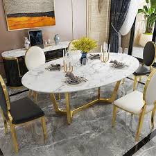 Effortless and timeless, an oval dining table and chairs are a stylish welcome in the dining room. Oval Dining Table White Faux Marble Dining Table Modern 63 Dining Table With Gold Frame