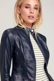 Don T Hold Back Navy Blue Vegan Leather Moto Jacket Blue Leather Jacket Outfit Navy Blue Jacket Outfit Collarless Leather Jacket