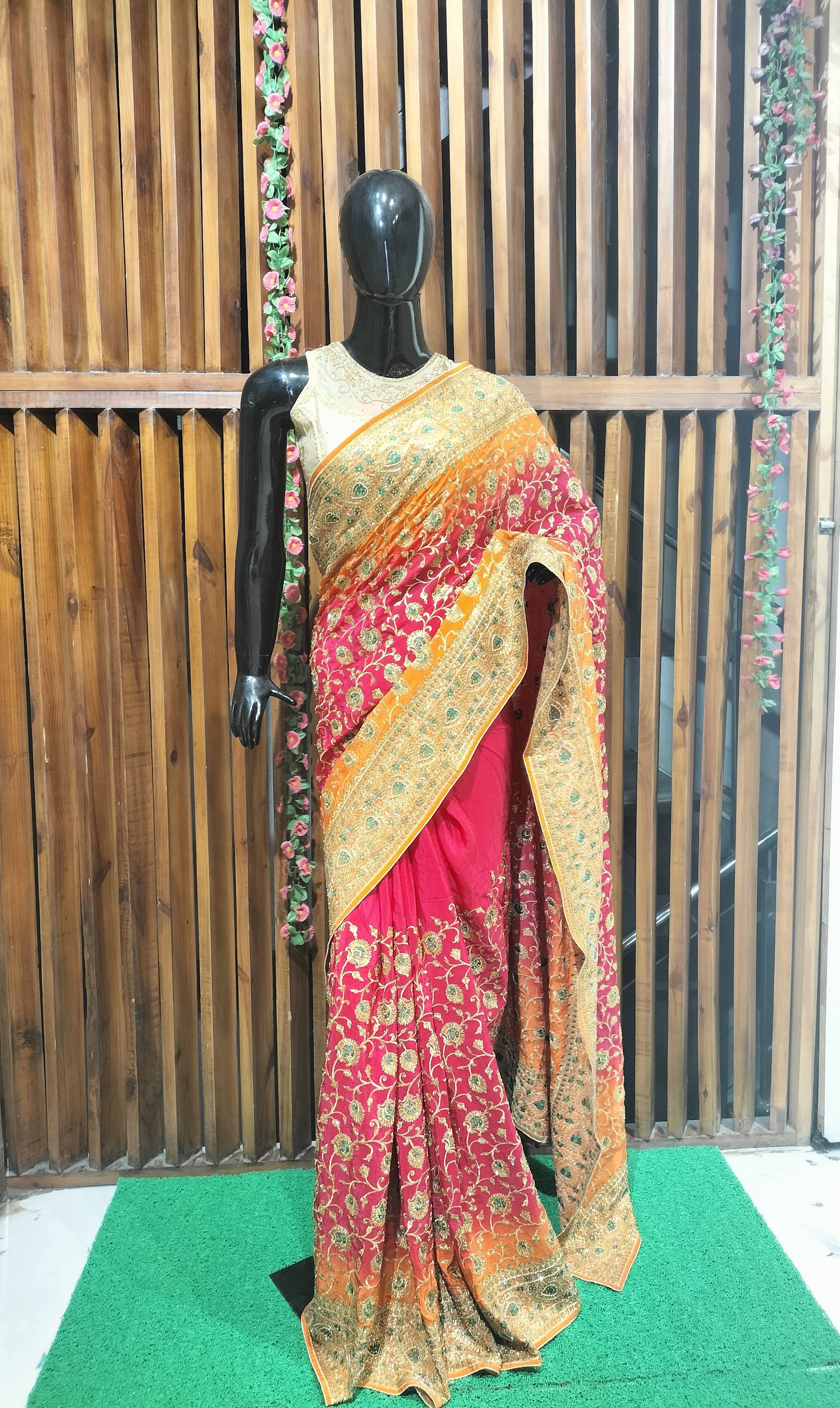 MUSTARD AND PINK GEORGETTE ZARI SAREE | JAIN BANDHU SAREES product image