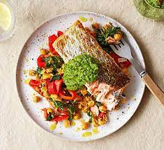 Salsa Verde Salmon With Smashed Chickpea Salad Bbc Good Food Middle East Recipe Bbc Good Food Recipes Chickpea Salad Salmon Dishes