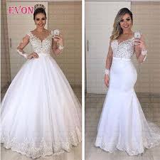 Vestido De Noiva 2 In 1 Detachable Train Lace Mermaid Wedding Dresses Custom Made Long Sleeves V Neck Wedding Gowns Plus Size Best To Buy Online Wedding Dress Detachable Skirt