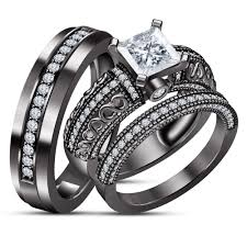 Black And Silver Wedding Band 10k Black Gold Finish 925 Silver Diamond Engagement Ring Wedding Band Trio Set Black Gold Ring Silver Wedding Jewelry Black Gold Jewelry