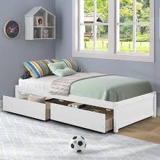 This twin sized chest bed will deliver three large drawers as well as a bookcase headboard with open shelving. Amazon Com Aoosweer Twin Platform Bed Frame With 2 Storage Drawers Wood Twin Bed Frames For Kids Toddler Girls Boys 10 Slats Support No Box Spring Needed Easy Assembly Twin Bright White