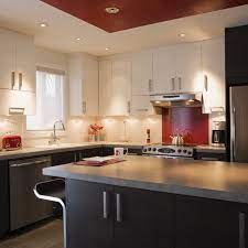 In such a kitchen lighting layout, you can either use two light fixtures at opposite ends or a central light fixture (depending on the size of the room). Kitchen Ceiling Lighting For General And Work Areas