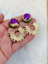 Mardi Gras Earrings, Mardi Gras Jewelry, Mardi Gras Accessories, Mardi Gras  Krewe Jewelry, Gold Statement Earrings, Sunburst, Post Stud