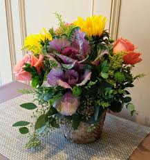 Brightness Bouquet Sunflower Purple Kale Roses Seeded Eucalyptus Solidago Button Mums And Myr Flower Delivery Blossoms Florist Same Day Flower Delivery