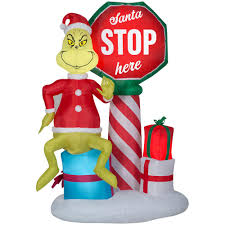 Shop for grinch christmas online at target. Grinch 6 Ft Pre Lit Inflatable Airblown Grinch With Santa Stop Here Sign Scene 114811 The Home Depot