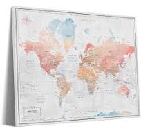World Travel Map with Pins | Pastel Watercolor Push Pin World Map