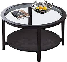 End table storage is covered with the lower shelf and upper drawer. Amazon Com Black Round Coffee Table With Tempered Glass And Open Storage Shelf For Small Space And Living Room Kitchen Dining
