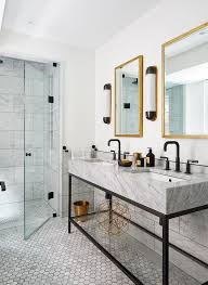 Chic Modern Bathroom Boasts An Iron And Marble Dual Washstand Placed On Marble Hex Floor Black Bathroom Decor Master Bathroom Renovation Trendy Bathroom Tiles