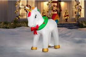 Christmas garland can be used to add a shimmering look to any room. Home Accents Holiday 6 Ft Pre Lit Life Size Airblown Inflatable Christmas Unicorn With Metallic Detail 115250 The Home Depot Christmas Unicorn Holiday Yard Decor Light Of Life