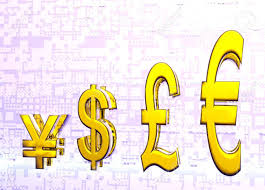 Euro Pound Dollar And Yen Symbols In Gold With Reflection In