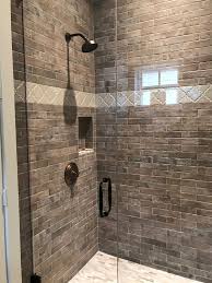 Jack N Jill Shower With Brick Tile And Frameless Shower Door Shower Doors Frameless Shower Doors Transitional Decor