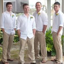 Flip Flops Never Look Good Why And All Of Their Pants Need To Be Hemmed Also Tuck In Your Beach Wedding Groom Attire Casual Groom Attire Beach Wedding Groom