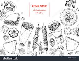 Doner Kebab Cooking And Ingredients For Kebab Sketch Illustration Arabic Cuisine Frame Fast Food Menu D Drawing Frames Fast Food Menu Middle Eastern Recipes