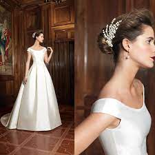 A Line Scoop Cap Sleeve Duchess Satin Wedding Dress Court Train 1950s Vintage Bridal Gown Ve Boat Neck Wedding Dress 1960s Wedding Dresses Bridal Gowns Vintage