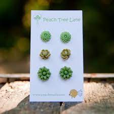 Light Green Olive Green Daisy Mum Rose Cabochon Flower Post Earrings Split Pea Light Green Olive Green Rose