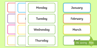 Use our printable clasrroom charts, wordwall cards, sequencing games, bingo printables and more to help your children learn. Free Free Printable Days Of The Week Months Of The Year Labels