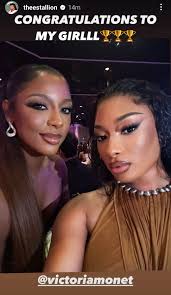 Megan Thee Stallion and Victoria Monét's similar facial features