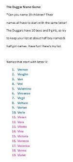 Choosing a baby name can be a difficult decision. The Duggar Name Game Can You Name 19 Children Their Names All Have To Start With The Same Letter The Duggars Boy Names Baby Girl Names New Baby Girl Names