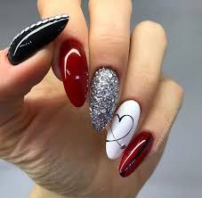 Valentine Nail Style Use Of Reds With A Mix Of Black And White Finish Off With Accent Glit Diy Valentine S Nails Nail Designs Valentines Red Nail Art Designs