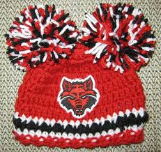 Crochet Beanie Baby Hat Embroidered Logo Arkansas State Red Wolves Red Black And White With Red Wolves Logo And 2 Large Pom Poms