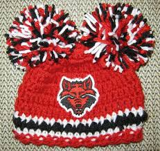 crochet beanie baby hat embroidered logo arkansas state red wolves red black and white with red wolves logo and 2 large pom poms