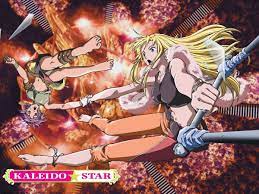 layla hamilton, naegino sora, gonzo (company), gonzo (studio), kaleido star,  official art, official wallpaper, wallpaper, 00s, 2girls, ankle wrap,  anklet, bare legs, barefoot, belt, blonde hair, blue eyes, bracelet, capri  pants, copyright