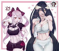 2girls abs ainz ooal gown albedo (overlord) annoyed ass big  breasts black hair blonde female blush bow bow tie bowtie breasts  darkrobbe1 demon demon girl drinking blood fangs female