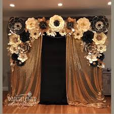 Backdrop Black And Gold Paper Flowers Full Look Gatsby Backdrop Handmade Paper Flowers In Ivory Black And Gold Gold Sequins And Gatsby Party Decorations Gatsby Themed Party Gatsby Birthday Party